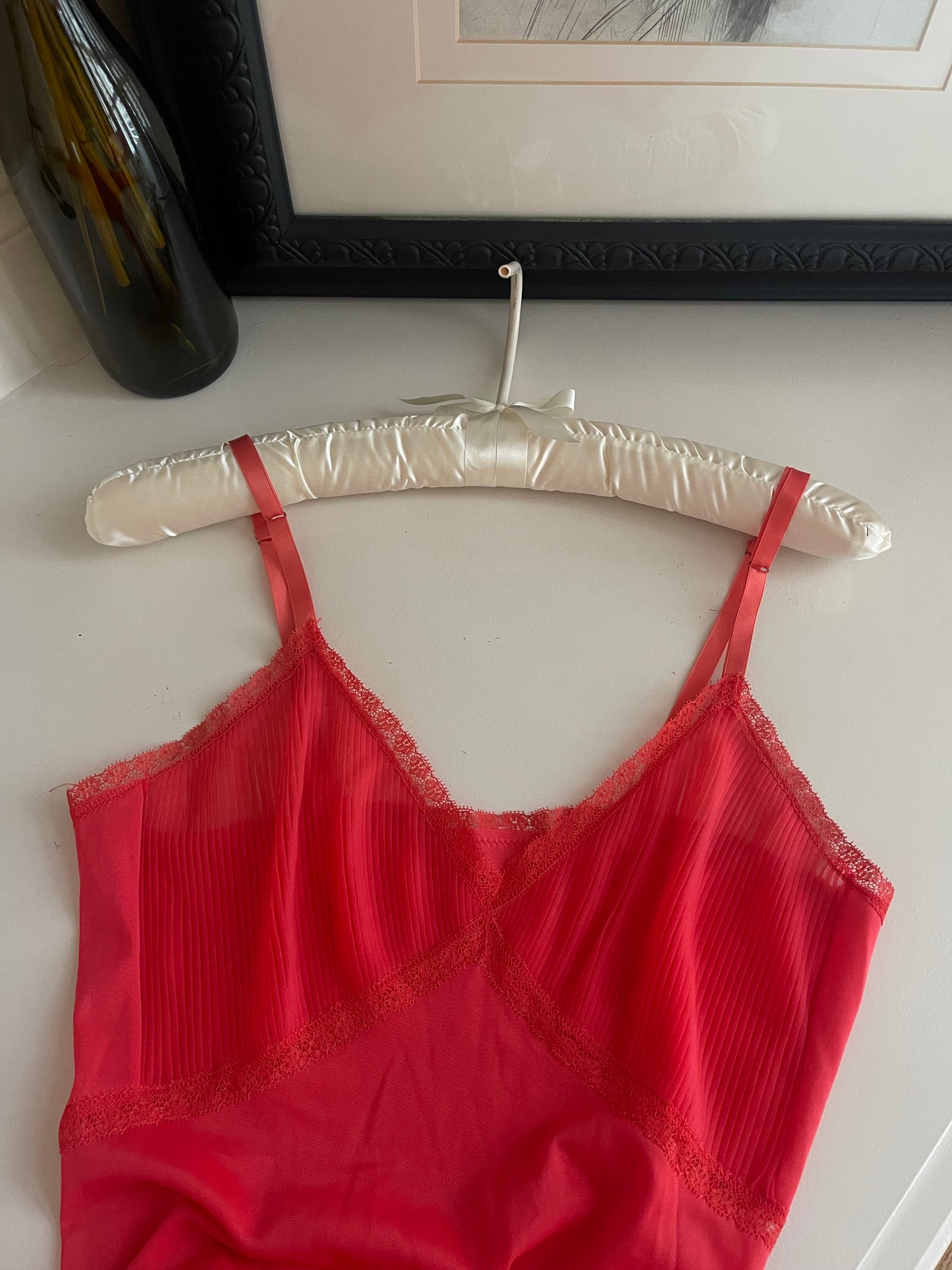 Vintage Pink Pleated Slip Dress Ruffle Trim - Size Small