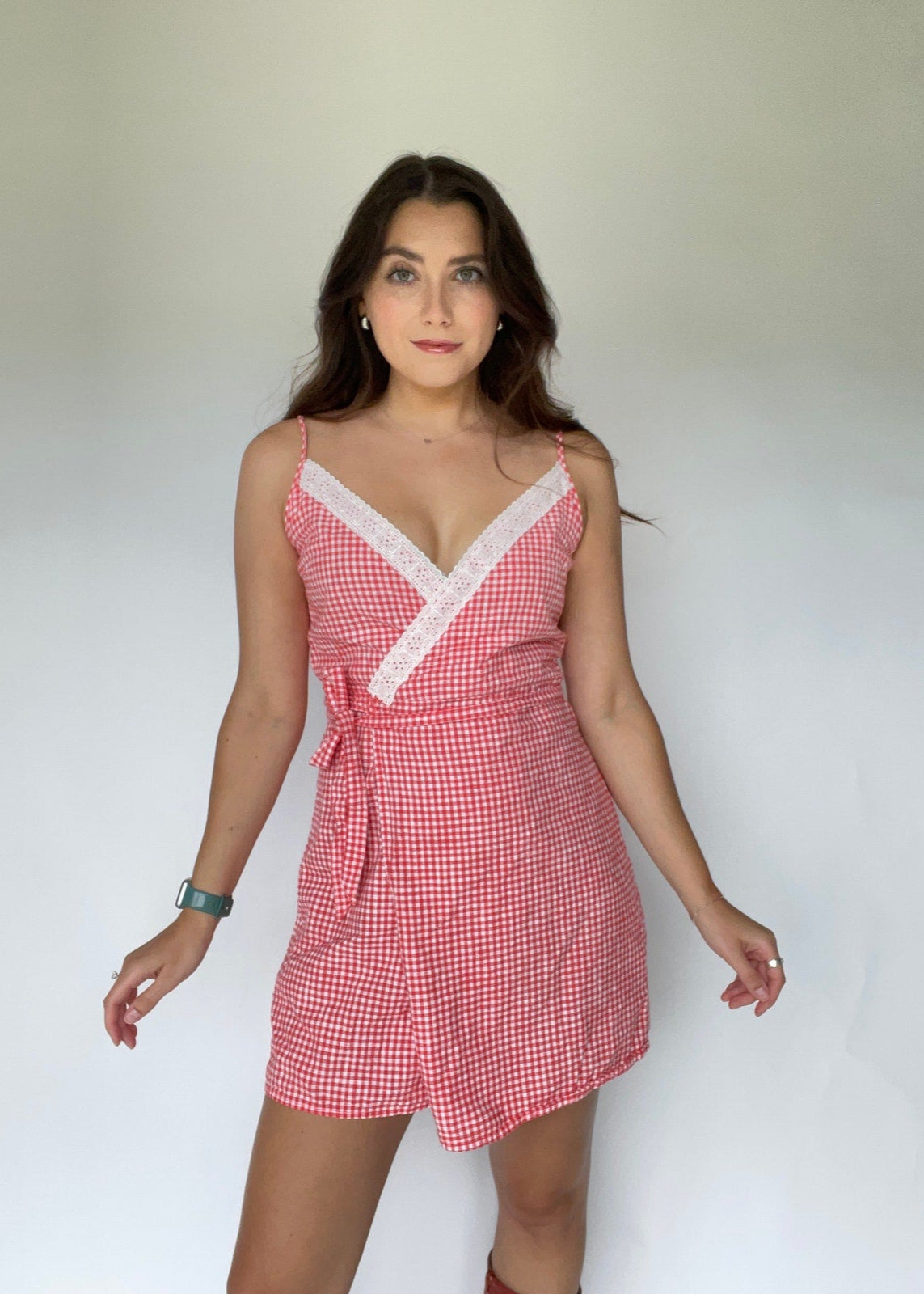 Reworked Red Gingham Lace Trim Cotton Wrap Dress West of Vintage Reworked Red Gingham Lace Trim Cotton Wrap Dress West of Vintage