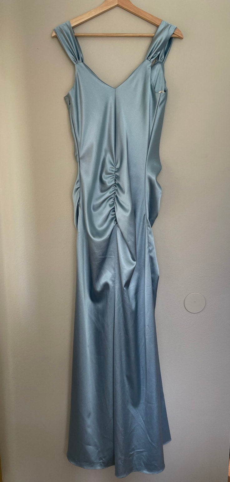 90s Y2K Ice Blue Ruched Fitted Formal Evening Maxi Gown