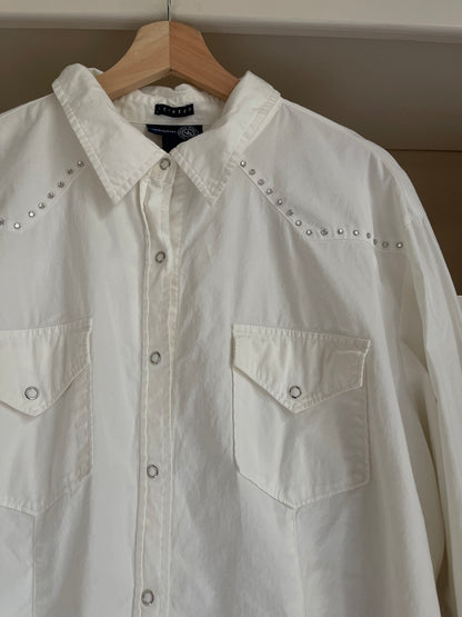 White Rhinestone Bedazzled Western Pearl Snap Button Down