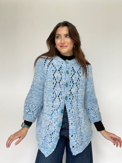 Blue and White Hand Knit Cardigan - Size Large