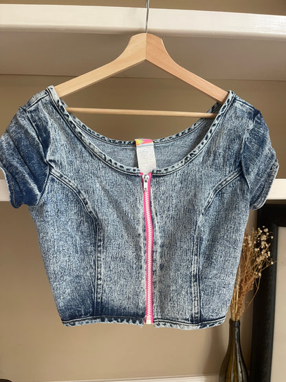 Lightening Bolt 80’s Denim Zipper Crop Top - Size Small