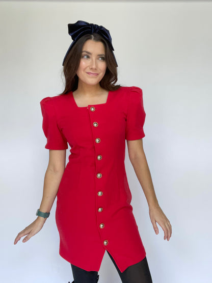 All that Jazz Vintage Red Mini Dress Gold Buttons - Size Medium