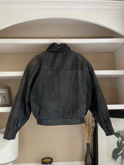 Vintage Brown/Black Leather Bomber Jacket - Size Medium