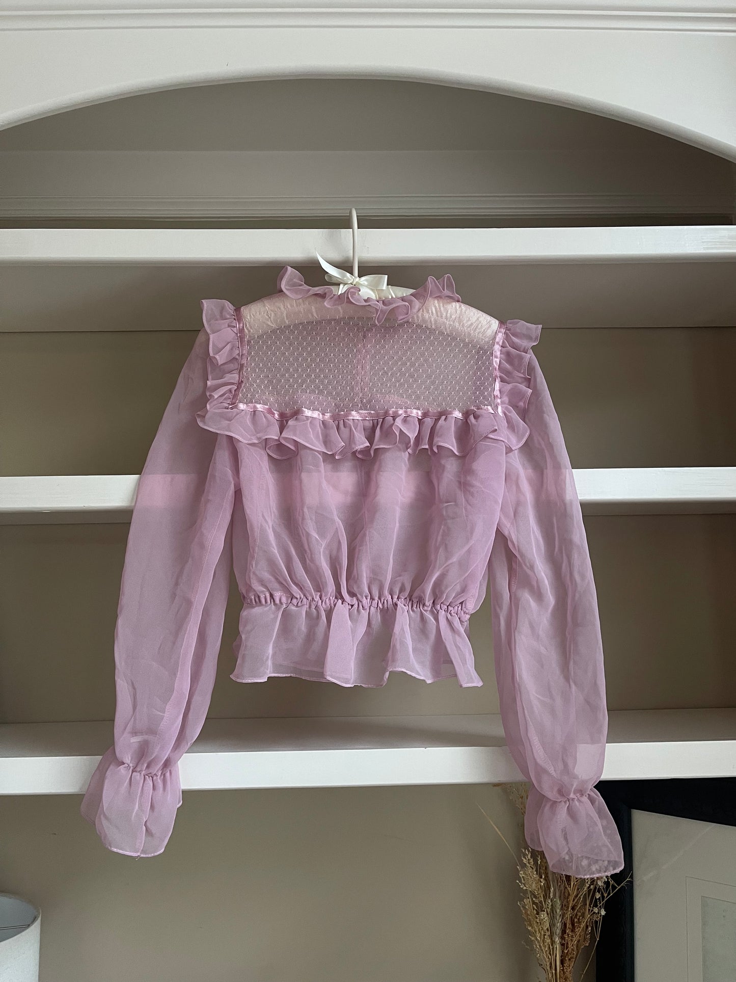 Pink Sheer Ruffle Collar Organza Top - Size XS