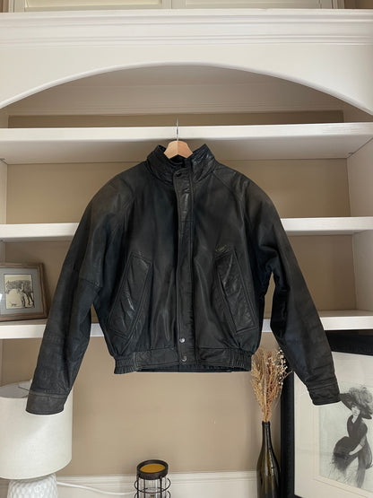 Vintage Brown/Black Leather Bomber Jacket - Size Medium