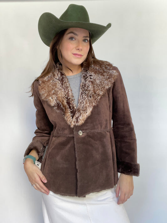 Wilsons Colebrook Chocolate Brown Suede Jacket Faux Fur Collar