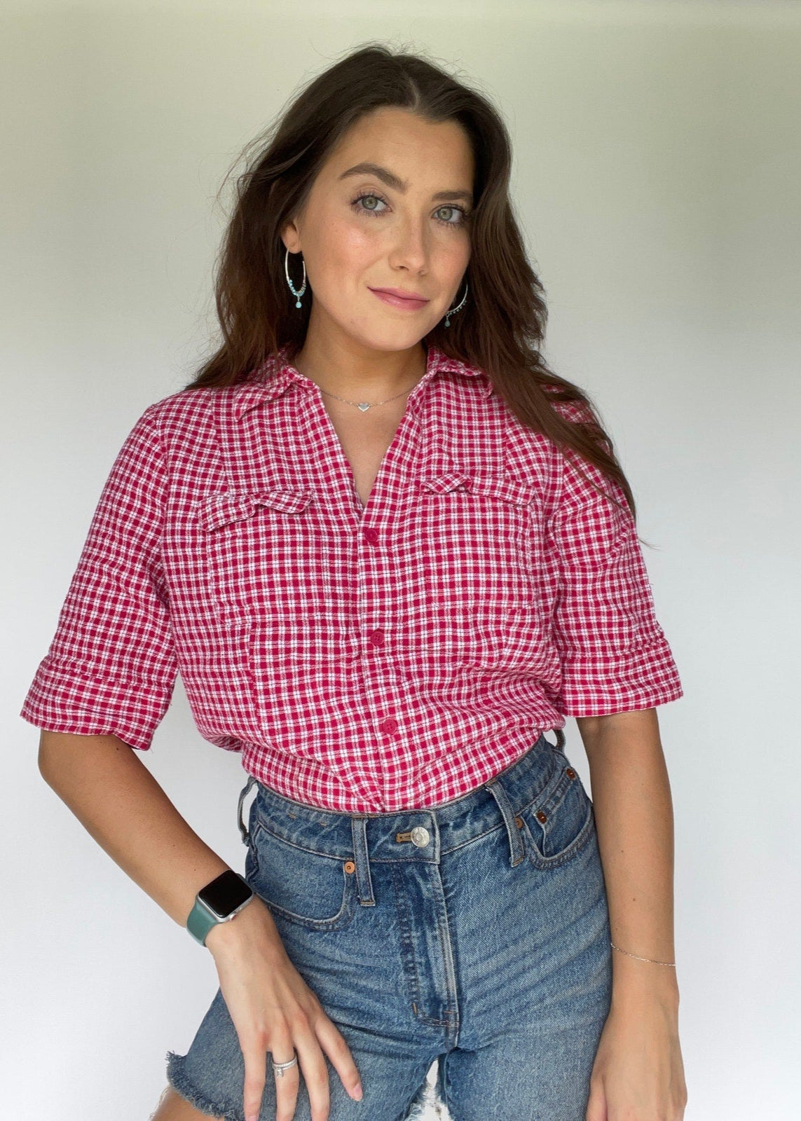 Jaclyn Smith Red and White Gingham Plaid Button-Down Shirt