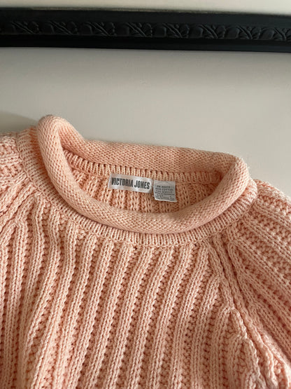 Vintage Rolled Collar Crewneck Sweater - Size Large, Light Pink