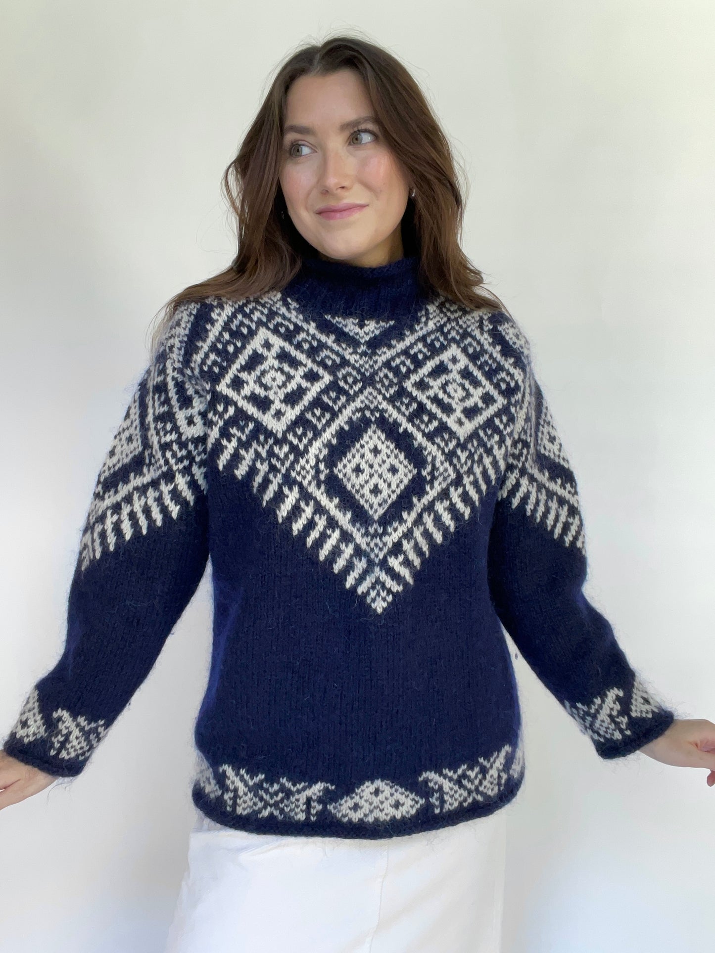 Squaw Valley Navy Mockneck Wool Fair Isle Sweater - Size Medium