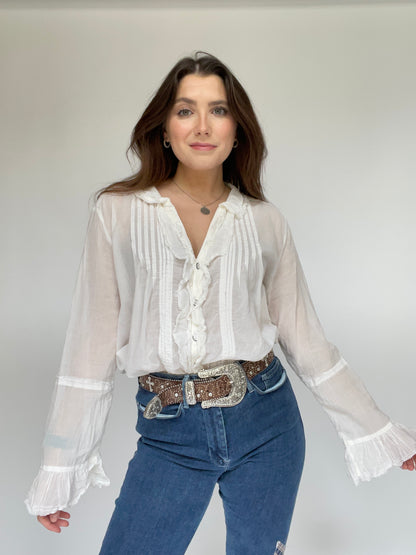 Free People Victorian White Ruffle Blouse - Women’s Size Large