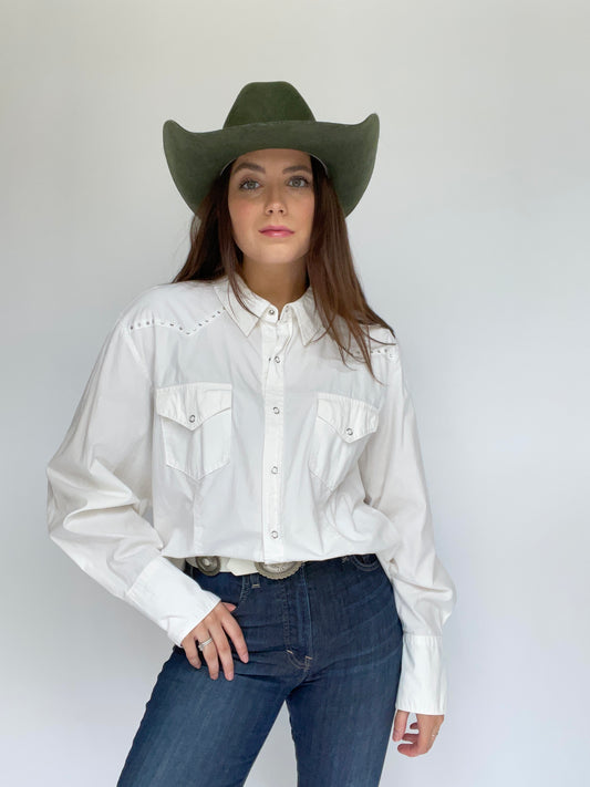 White Rhinestone Bedazzled Western Pearl Snap Button Down