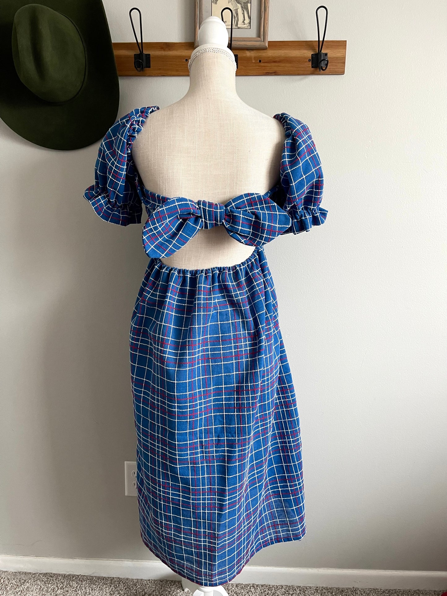 Blue and Red Plaid Puff Sleeve Frolicking Dress - Handmade