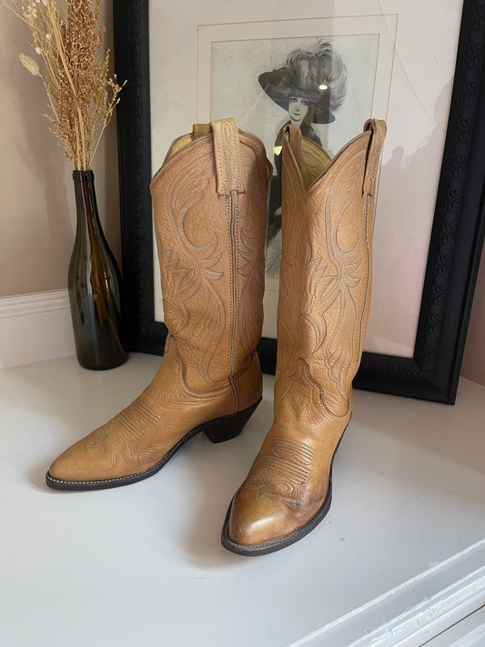 Vintage Light Beige Soft Leather Cowboy Boots - Size 6