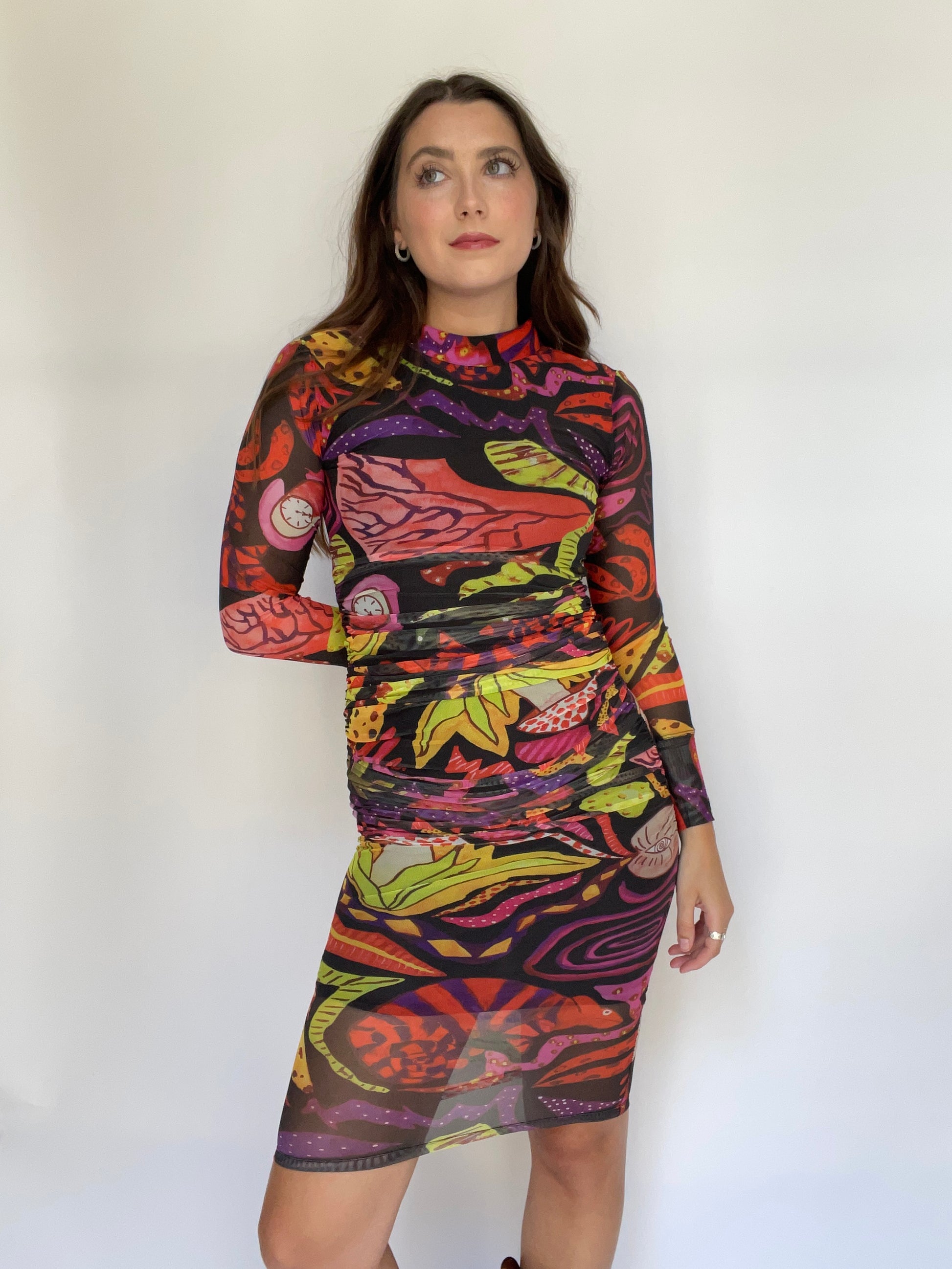 Farm Rio Mesh Mock Neck Long Sleeve Midi Dress | Size XXS - XXS Farm Rio Mesh Mock Neck Long Sleeve Midi Dress | Size XXS - XXS
