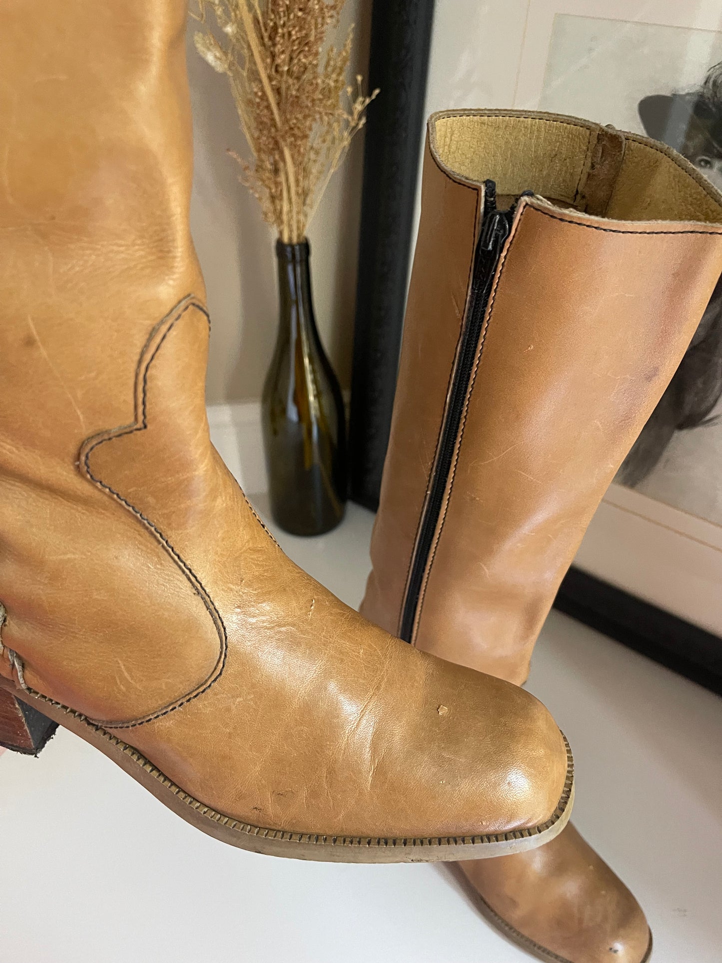 Vintage Tall Tan Leather Boots - Size 7.5