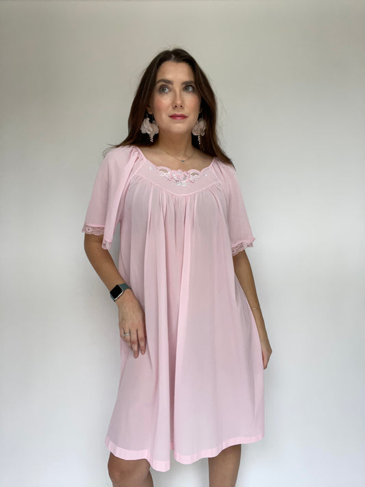 Vintage Pink Embroidered Nightgown - Size Large