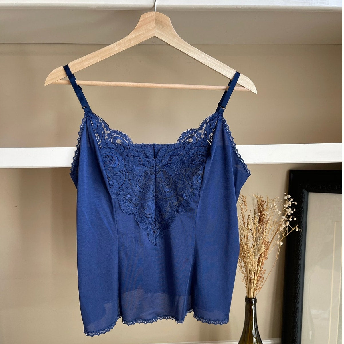 Vintage Navy Blue Nylon Lace Slip Top