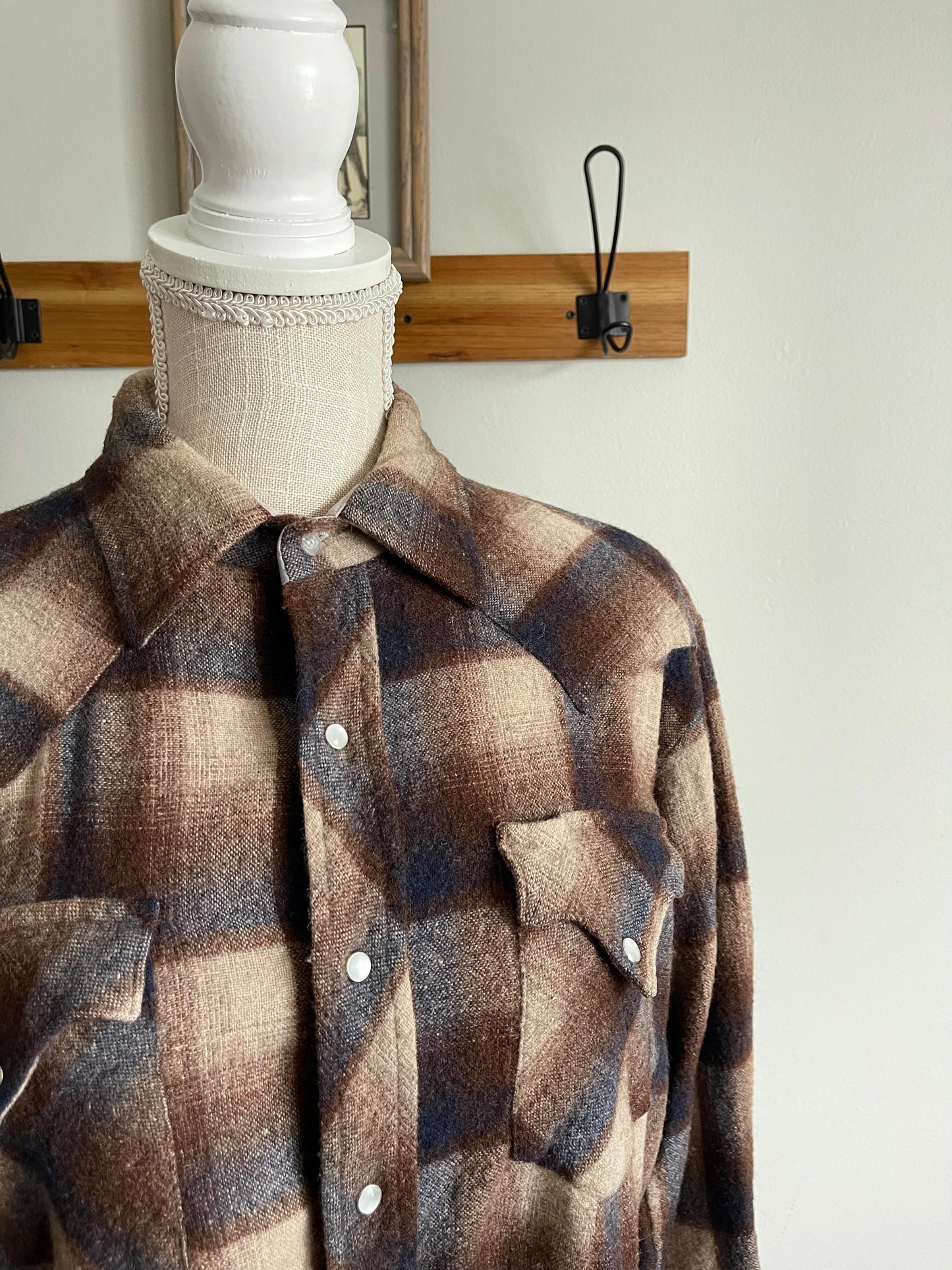 Shepler’s Vintage Western Brown Plaid Wool Pearl Snap Button-down