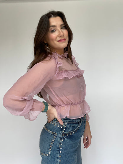 Pink Sheer Ruffle Collar Organza Top - Size XS