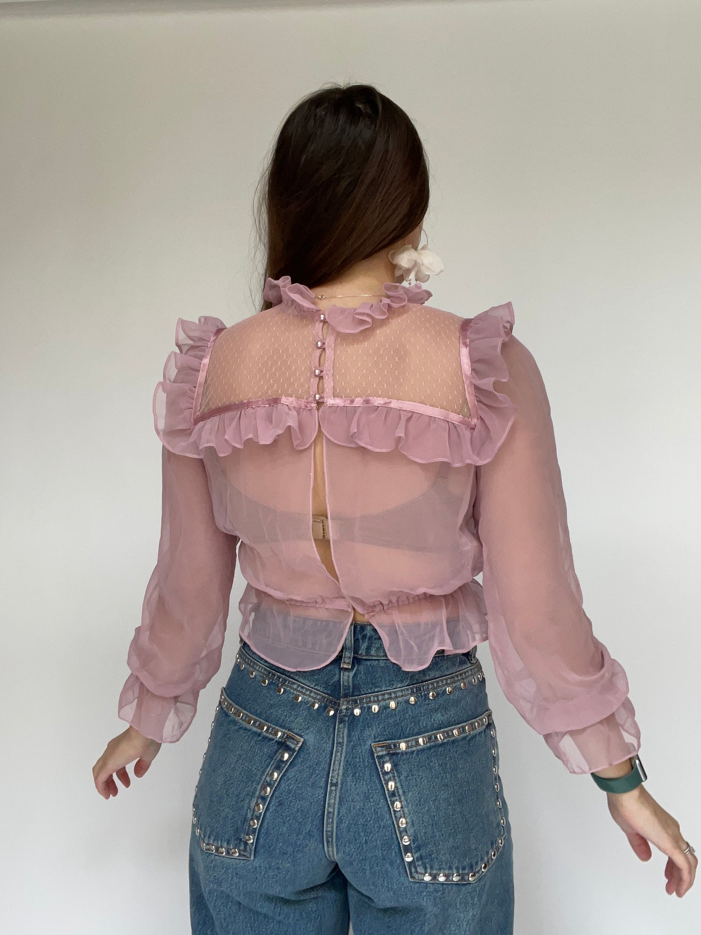 Pink Sheer Ruffle Collar Organza Top - Size XS