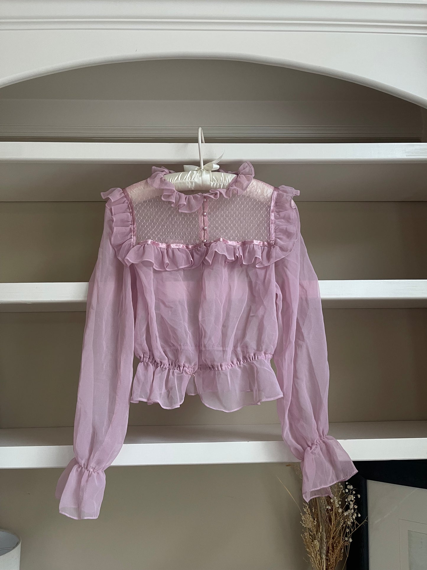 Pink Sheer Ruffle Collar Organza Top - Size XS