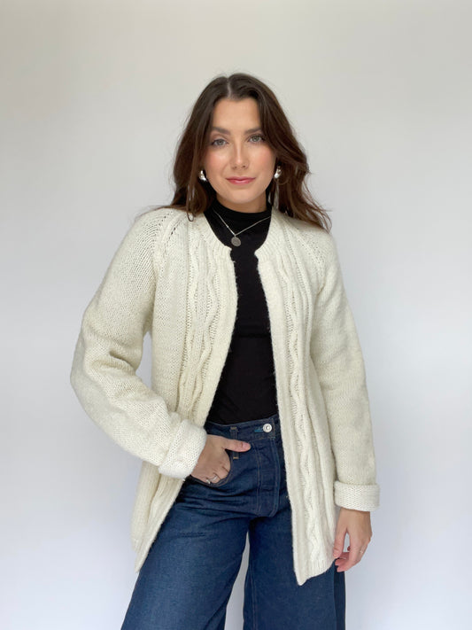 Cream Hand Knit Cable Knit Cardigan - Size Medium