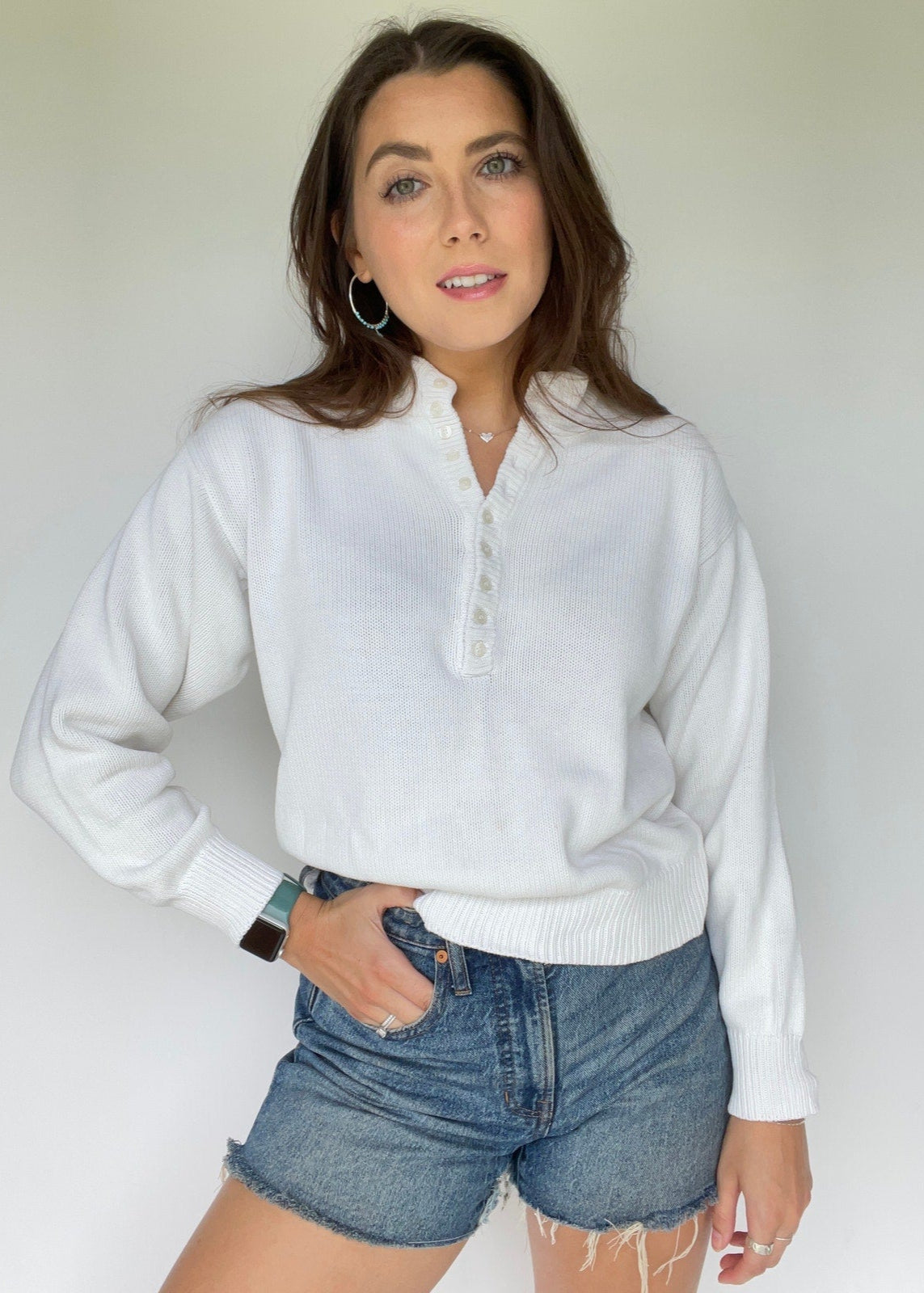 Le Moda Knitwear White Henley Sweater