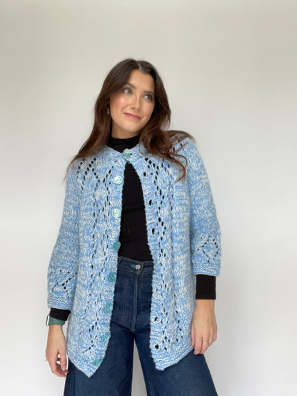 Blue and White Hand Knit Cardigan - Size Large