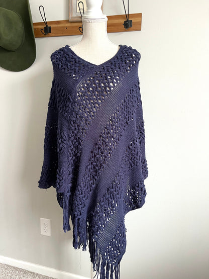 Navy Blue Riah Fashion Fringe Poncho