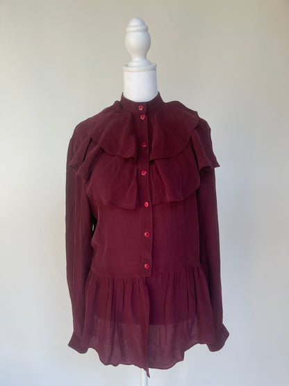 Vintage Maroon Ruffle Front Blouse