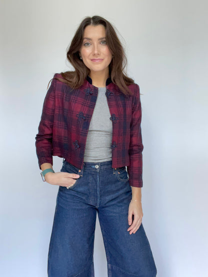 Jessica Howard Vintage Plaid Cropped Blazer Velvet Collar - Size 4P