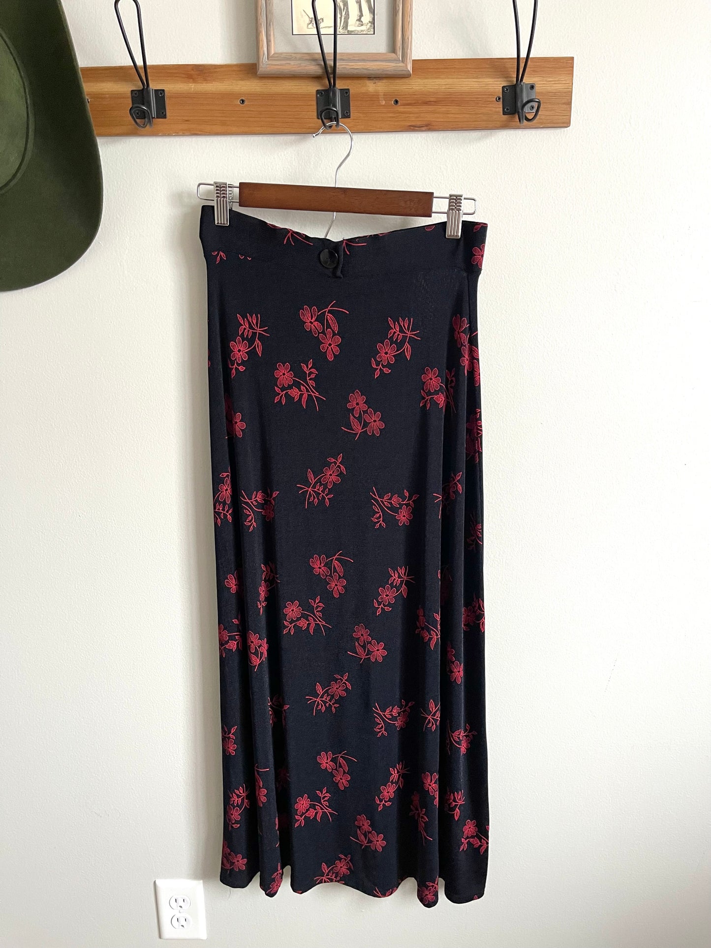 Red and Black Floral Frazier Lawrence Vintage Maxi Skirt