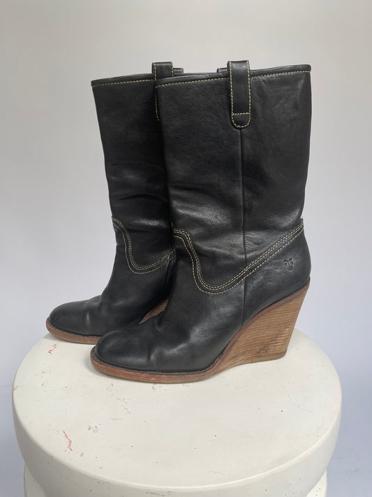 Frye Caroline Midshaft Black Wedge Boots - Size 9