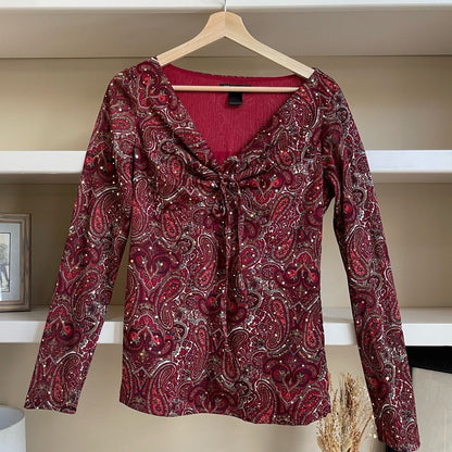 INC Vintage Red Paisley Micro Mesh Long Sleeve Top