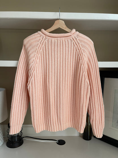 Vintage Rolled Collar Crewneck Sweater - Size Large, Light Pink