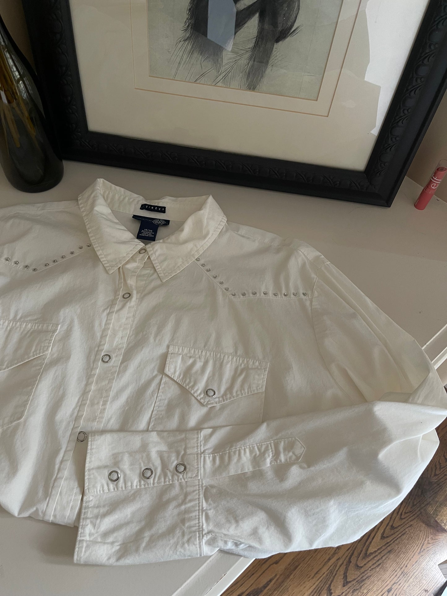 White Rhinestone Bedazzled Western Pearl Snap Button Down