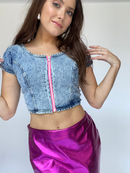 Lightening Bolt 80’s Denim Zipper Crop Top - Size Small