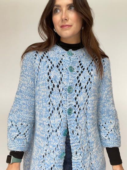 Blue and White Hand Knit Cardigan - Size Large