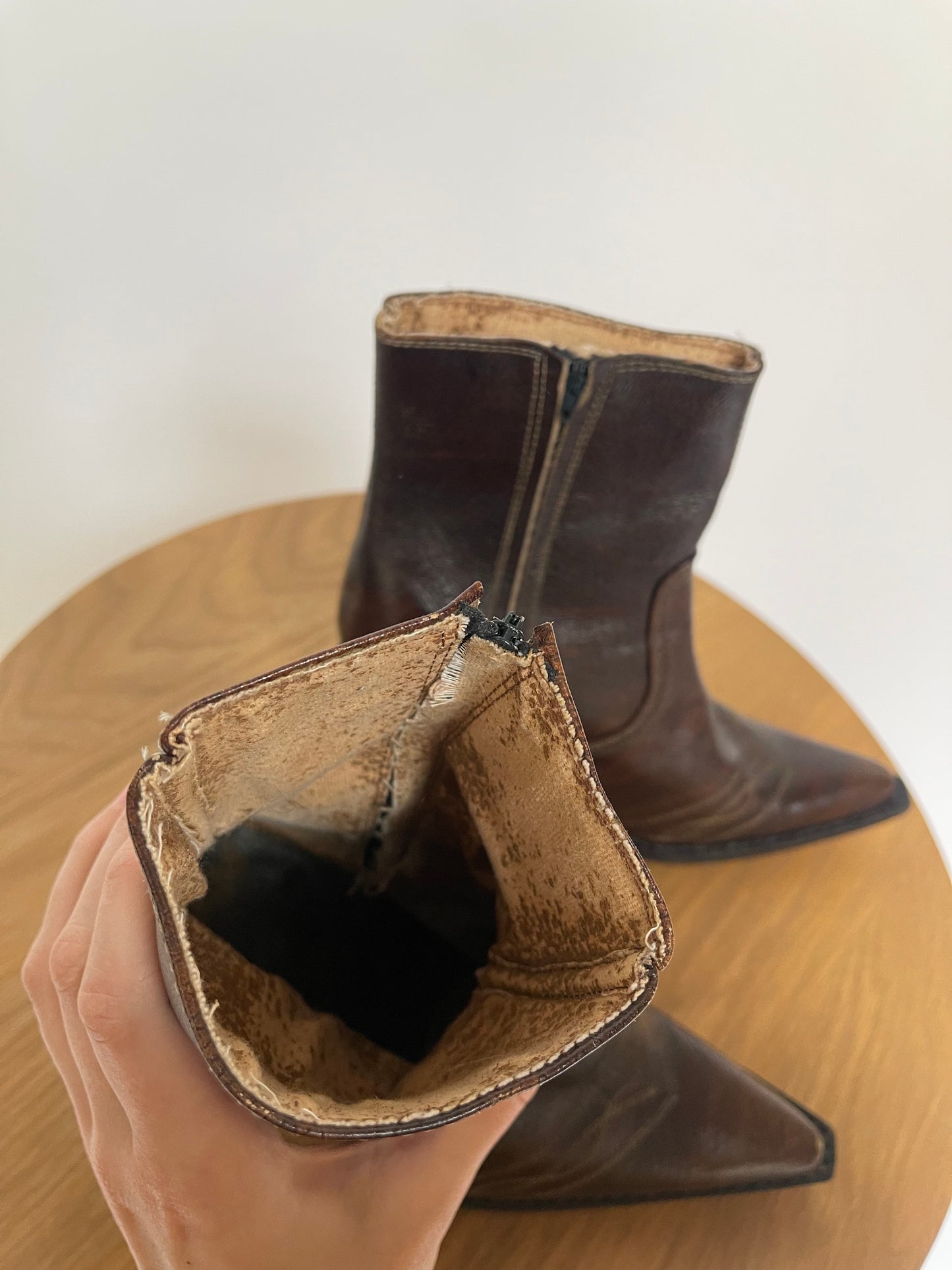 Vintage Brown Leather Western Heeled Booties - Size 7 Women's