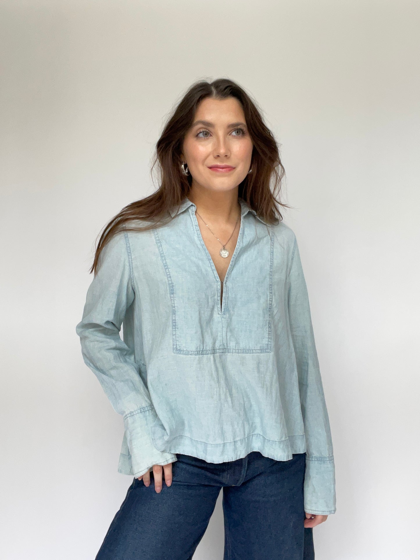 Free People Denim Deep V-Neck Long Sleeve Top - Size Medium