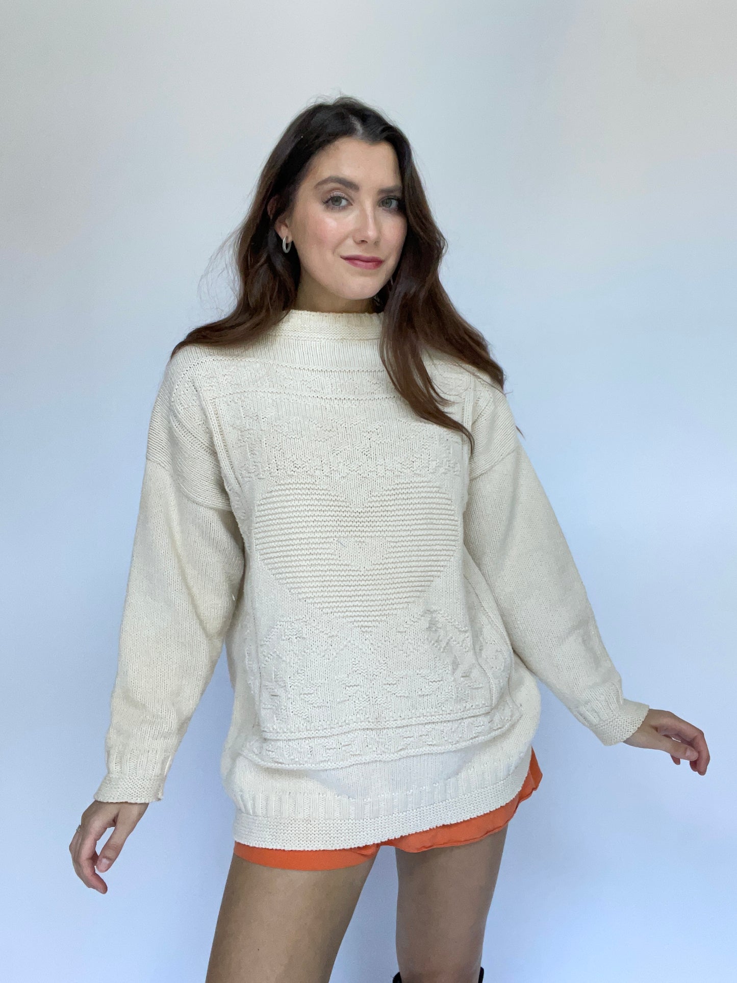 Vintage White Moon Knit Cream Crewneck Sweater