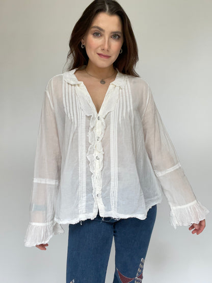 Free People Victorian White Ruffle Blouse - Women’s Size Large