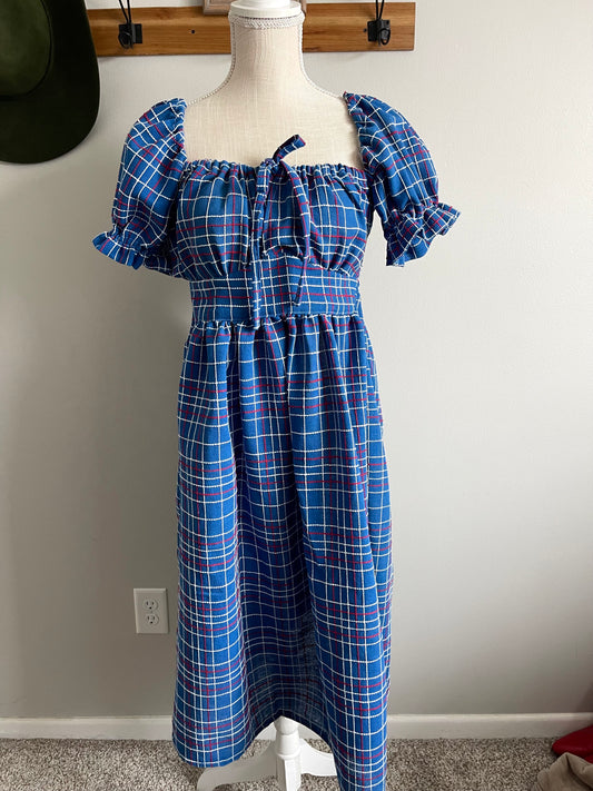 Blue and Red Plaid Puff Sleeve Frolicking Dress - Handmade