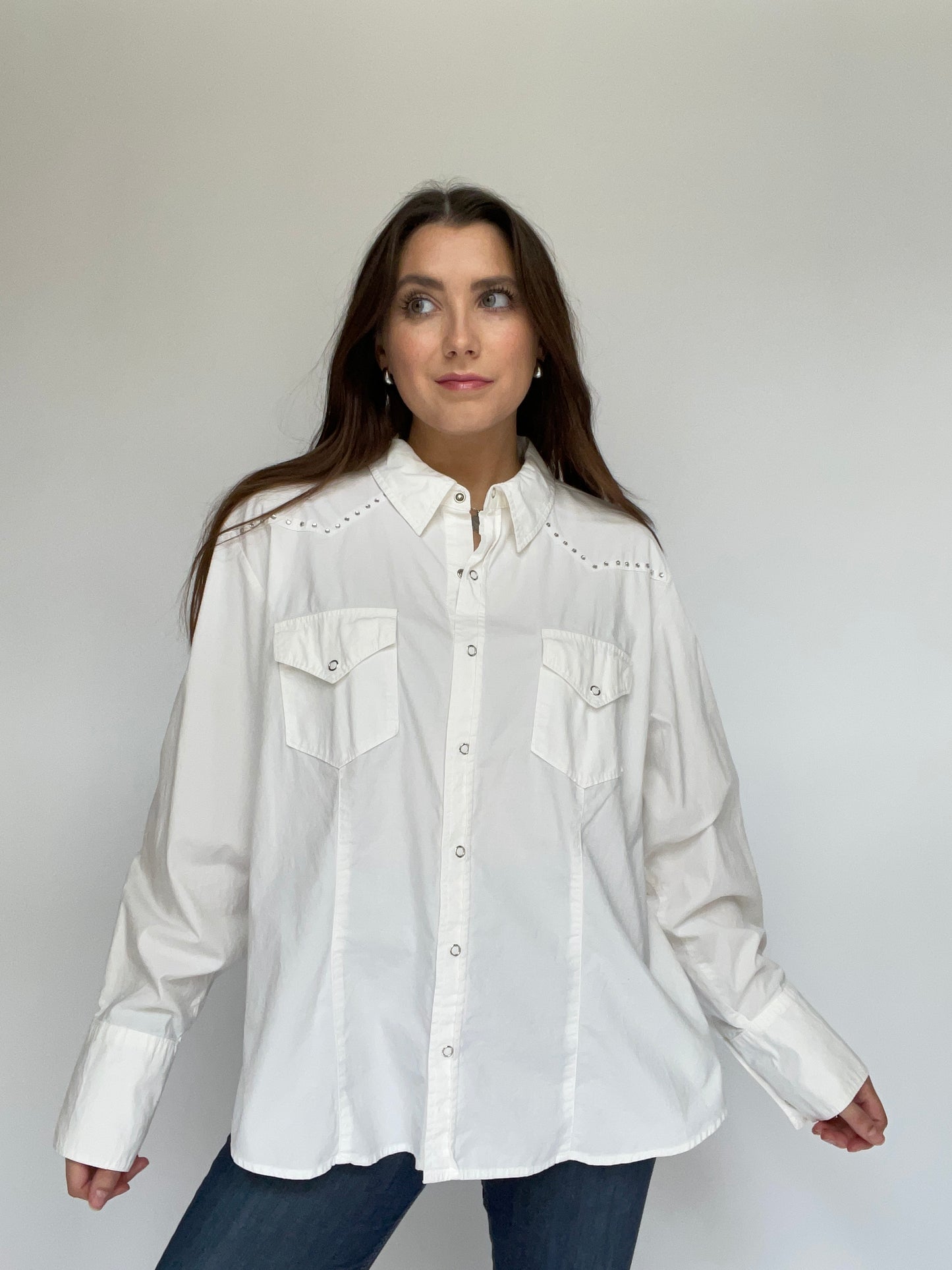 White Rhinestone Bedazzled Western Pearl Snap Button Down