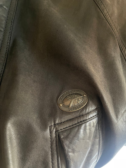 Vintage Brown/Black Leather Bomber Jacket - Size Medium