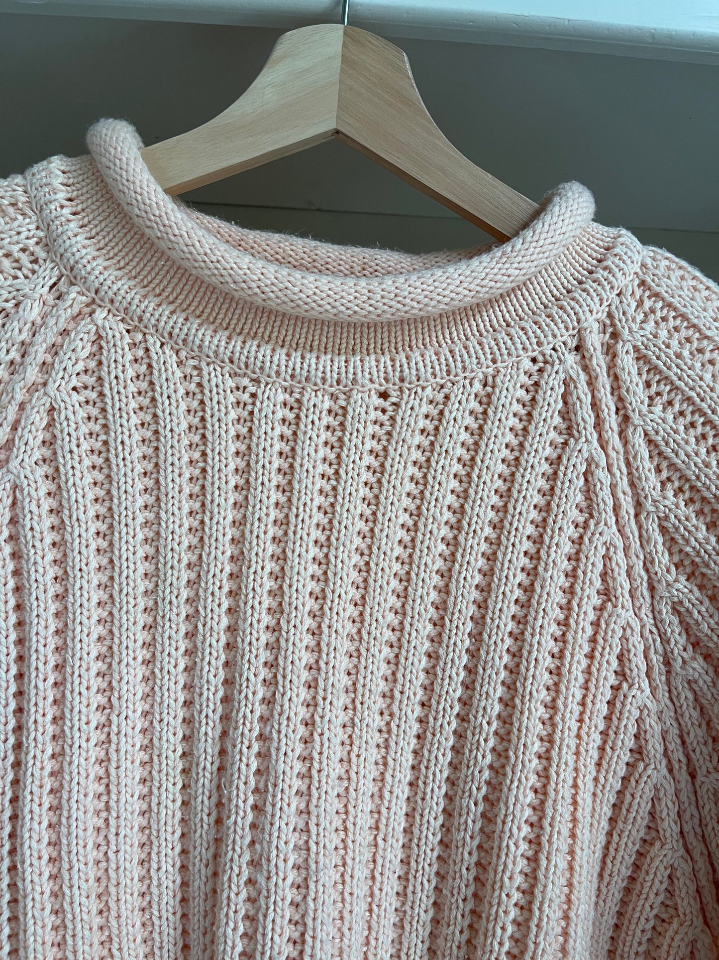 Vintage Rolled Collar Crewneck Sweater - Size Large, Light Pink