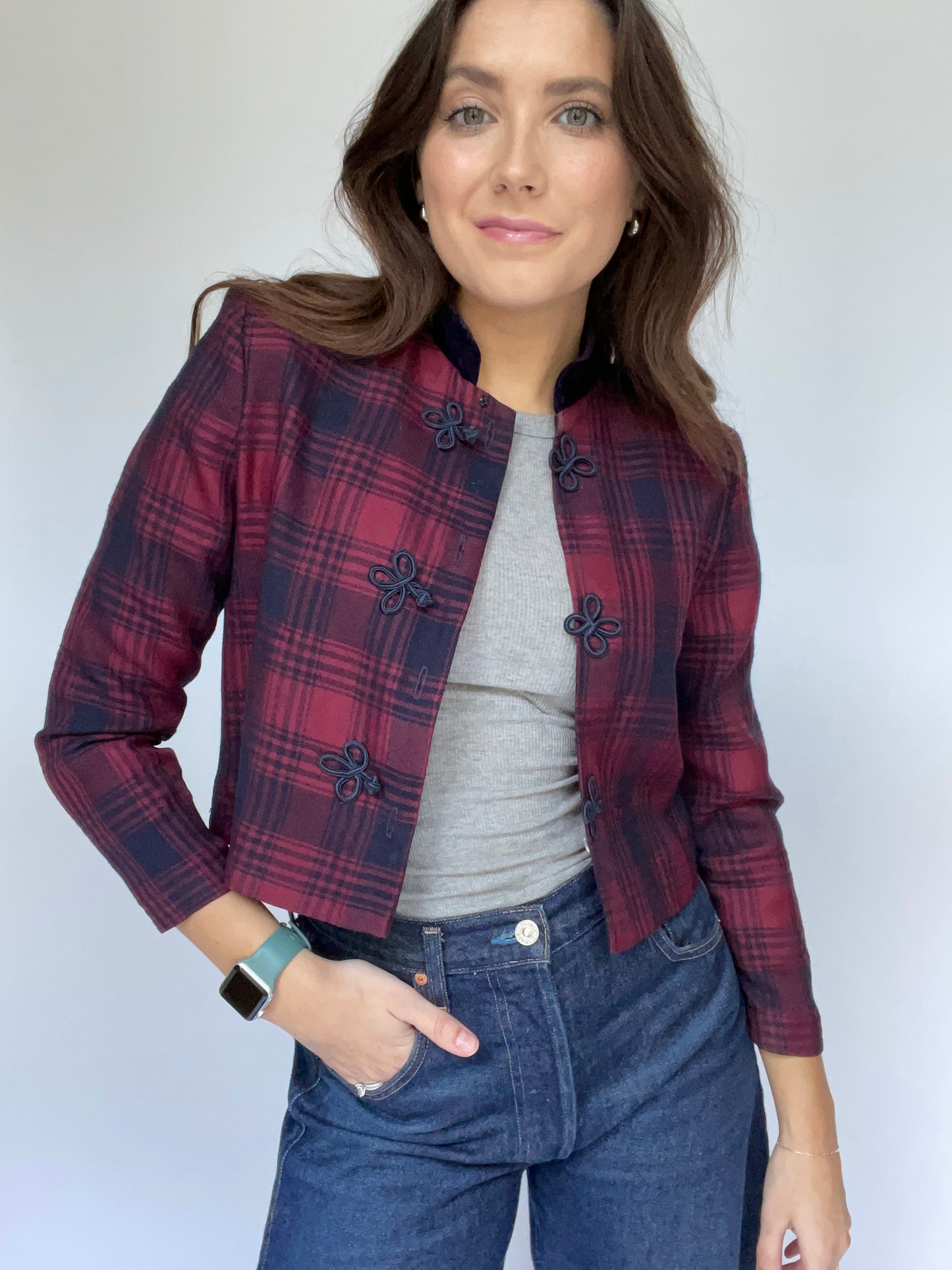 Jessica Howard Vintage Plaid Cropped Blazer Velvet Collar - Size 4P