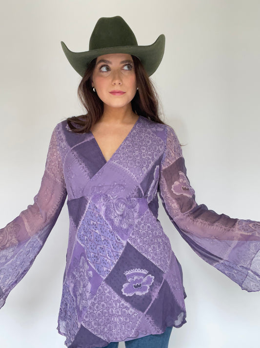 Purple Paisley Silk Bell Sleeve Blouse