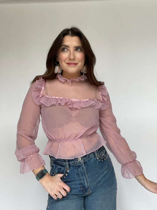 Pink Sheer Ruffle Collar Organza Top - Size XS